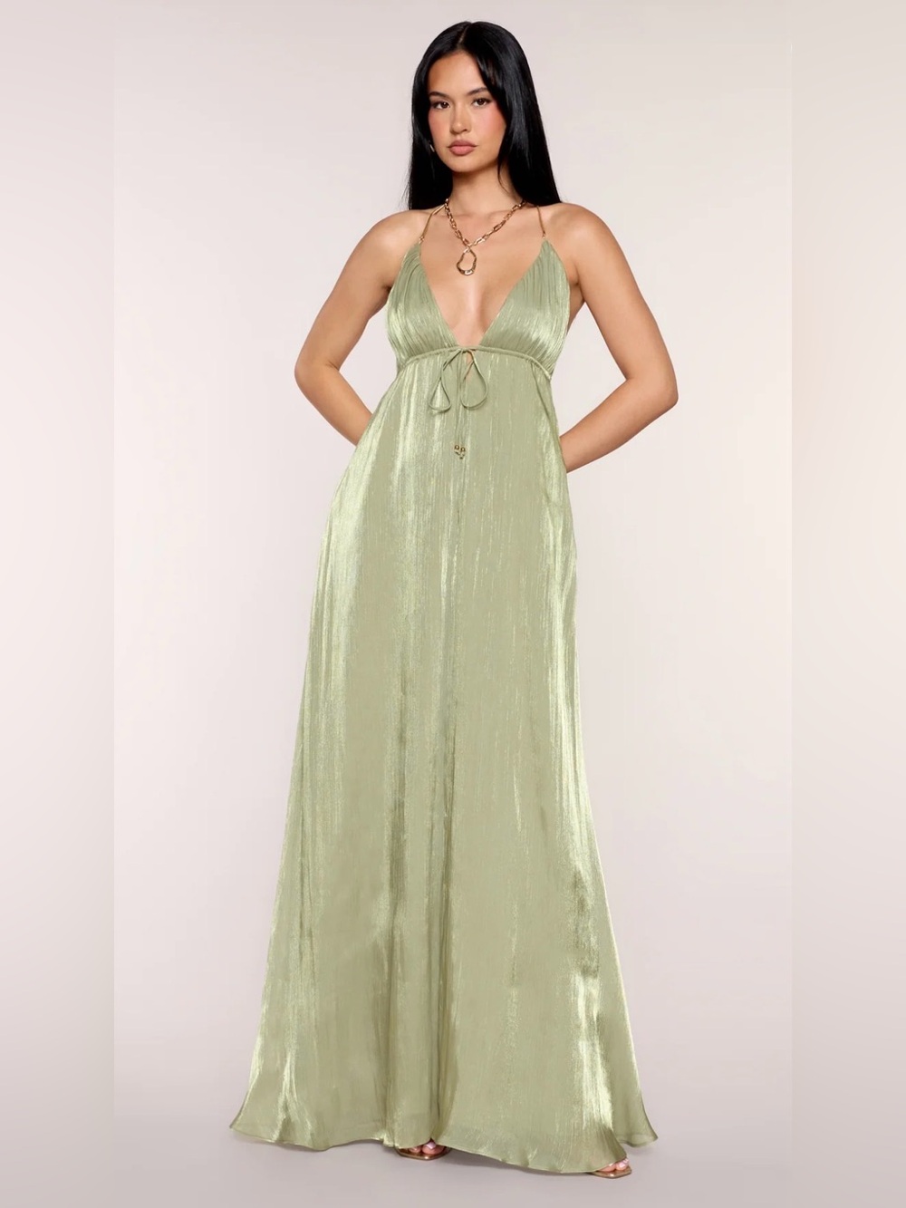 Windsor “Kristie” Olive Green Pleated Satin A-Line Formal Dress NEW Open Back